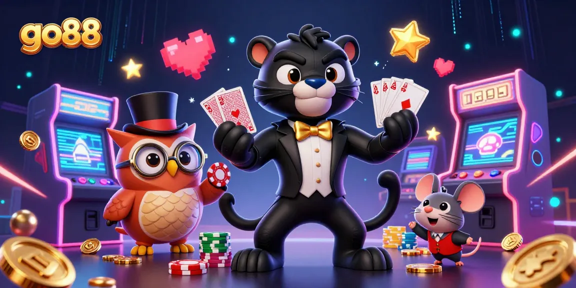 Engage with go88's vibrant gaming experience, featuring stylish characters and casino elements in a lively scene.