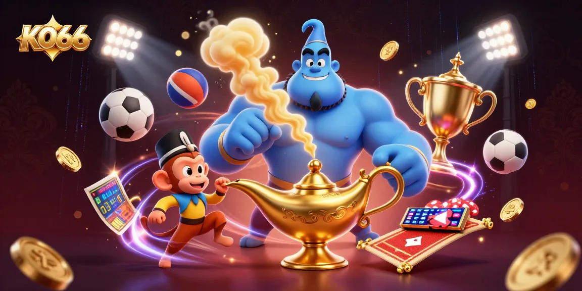 Experience the magic of KO66 Casino with a vibrant 3D illustration featuring a genie and poker elements.