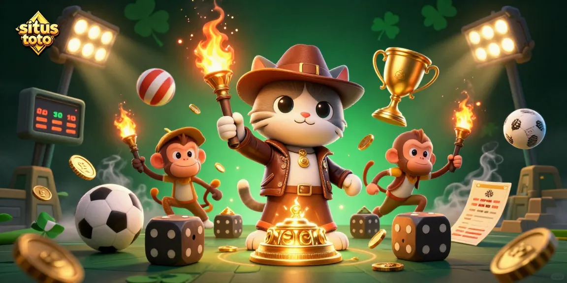 Engage with situs toto as a cartoon explorer cat discovers a golden casino artifact amidst dynamic casino elements.
