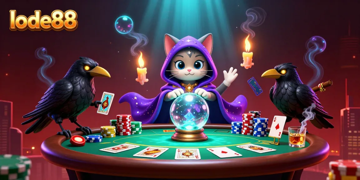 Experience thrilling gaming at lode88 with vibrant 3D casino illustration showcasing poker and mystical elements.