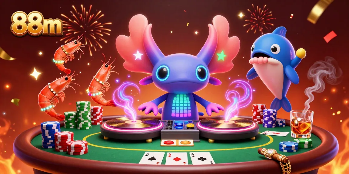 Engage with 88m's vibrant casino experience featuring a neon axolotl DJ and poker elements.
