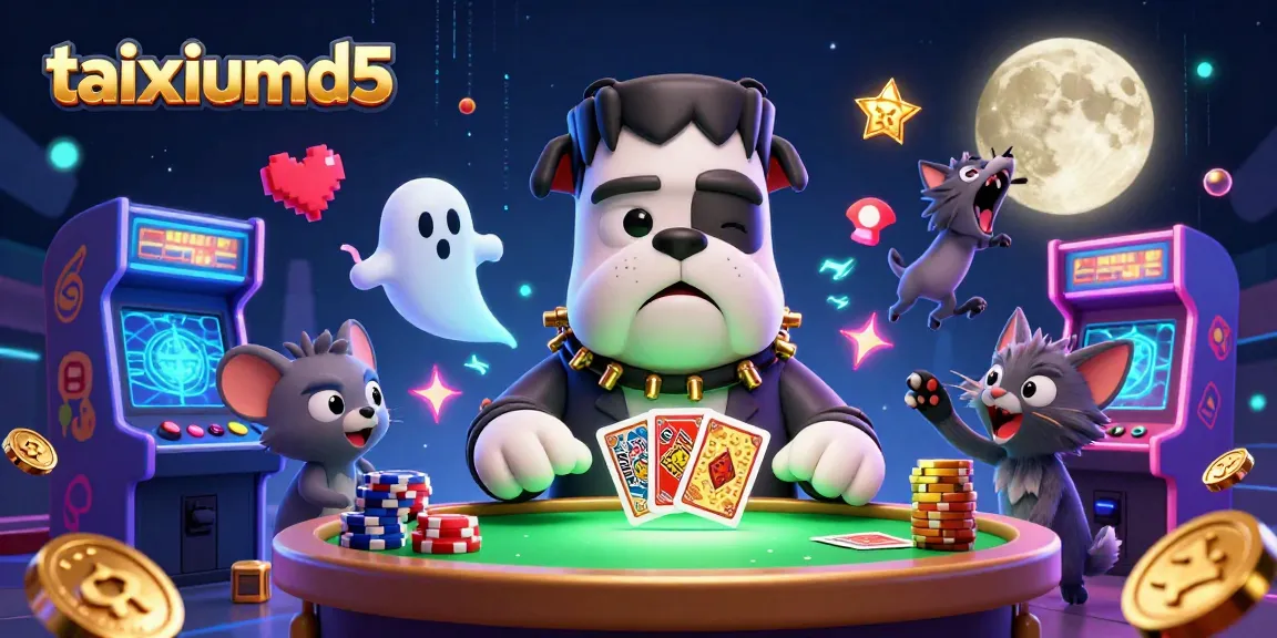 Experience taixiumd5 as the unique Frankenstein bulldog dealer shuffles cards in this vibrant casino scene.