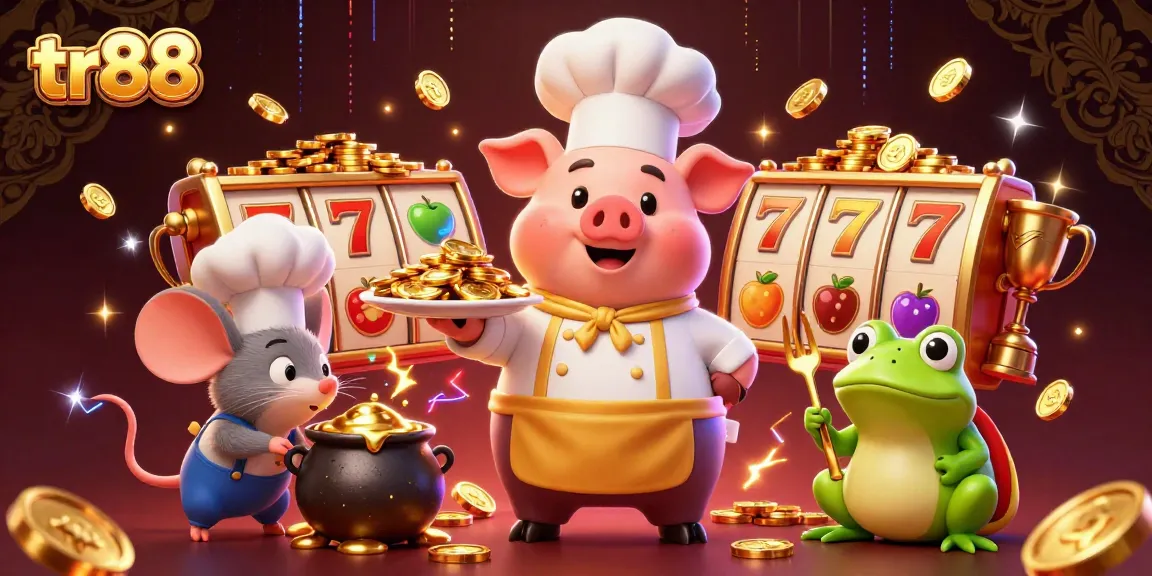 Experience excitement at tr88 as a gourmet chef pig serves gold coins in this illustrative casino scene.
