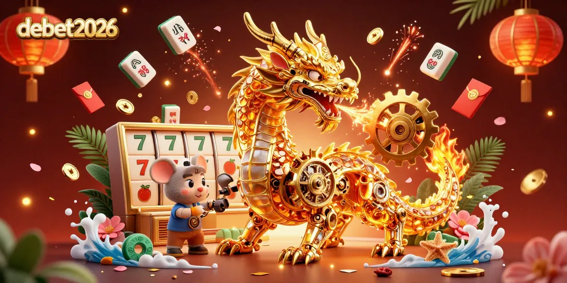 Experience thrilling gameplay with debet2026's golden dragon, spinning slots, and festive elements in a vibrant casino scene.
