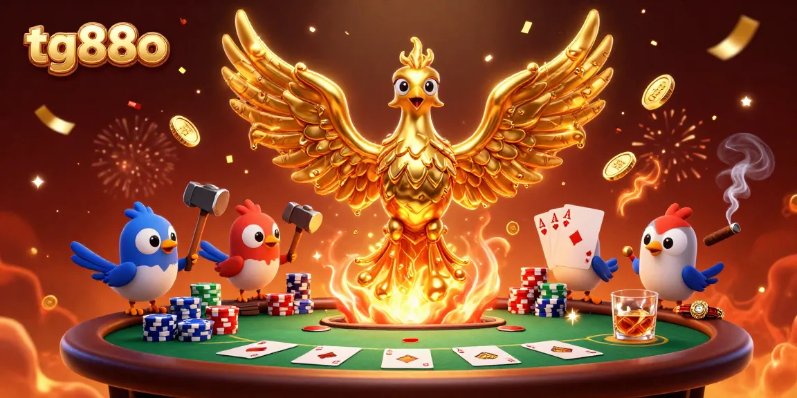 Engage with tg88o in a vibrant casino scene featuring a molten golden phoenix, poker elements, and festive effects.