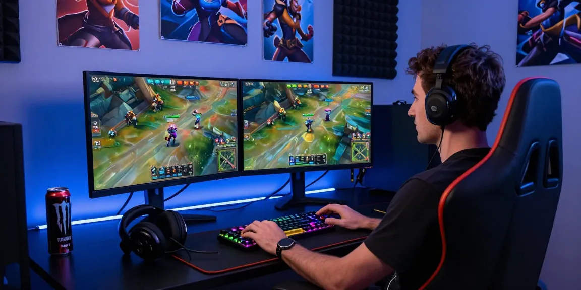 Overwatch 2 Cheat gameplay scene with gamer at an immersive setup showcasing dual monitors, RGB lighting, and energetic atmosphere.
