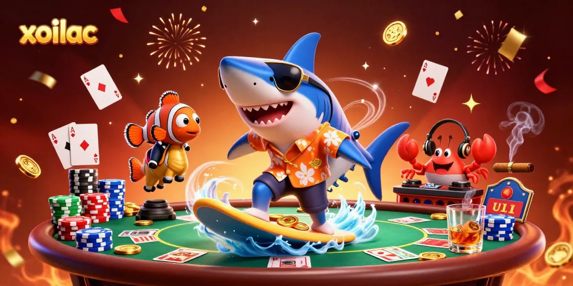 Experience the thrill of xoilac with a vibrant scene of a shark surfing on gold coins at a casino!