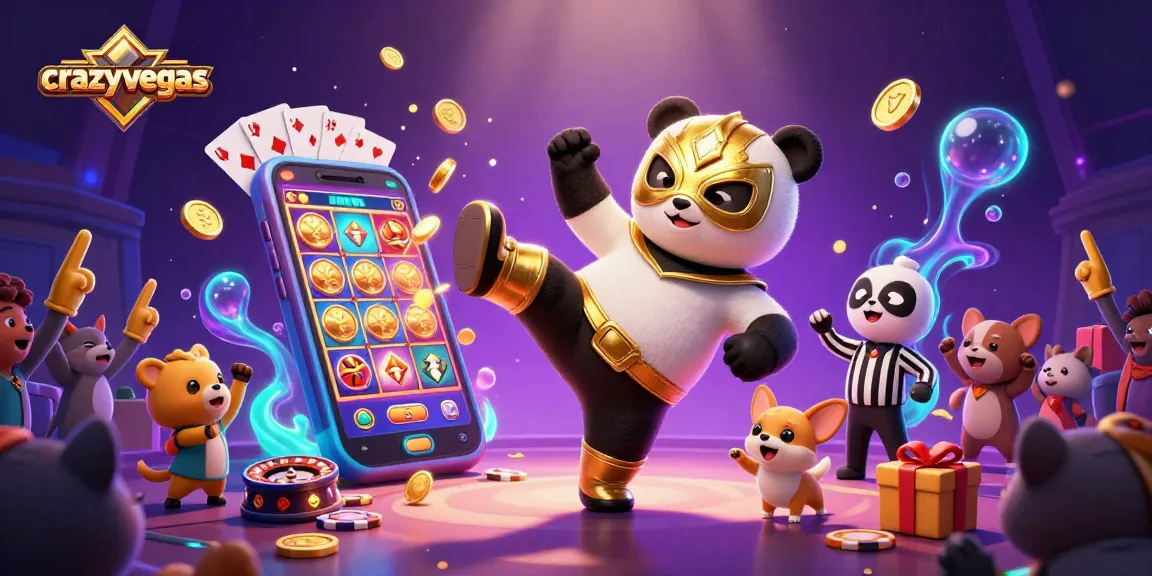 Experience the excitement of crazyvegas with a panda wrestler kicking amid colorful slot game elements.