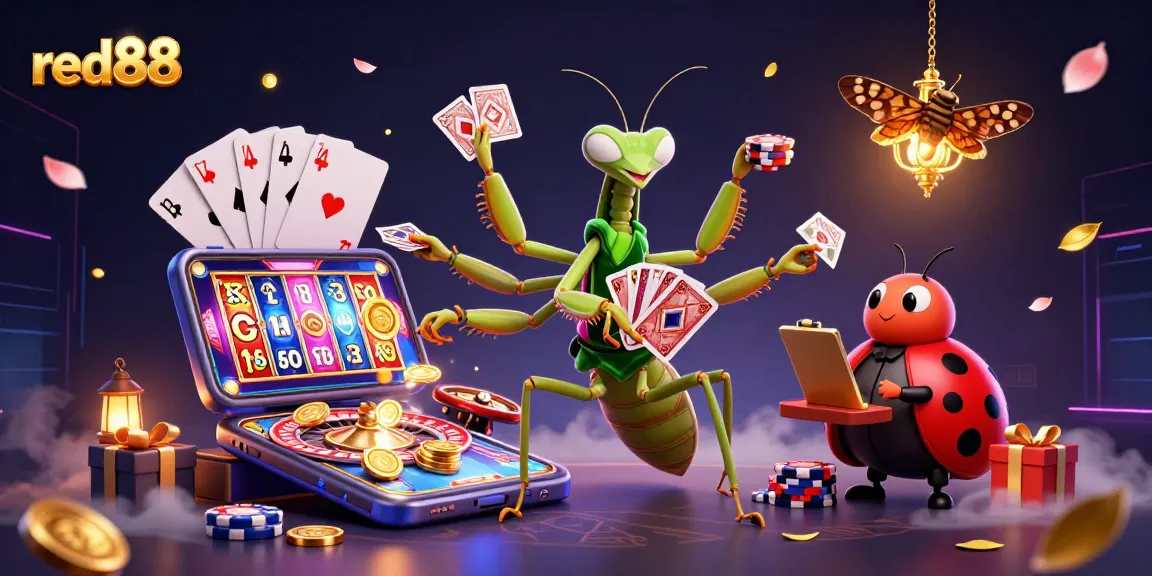 Engage in thrilling play at red88 with a vibrant 3D casino scene featuring colorful slot games and lively characters.