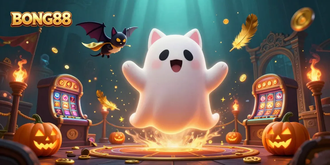 Engage in thrilling games at BONG88 with a vibrant 3D illustration of ghostly fun.
