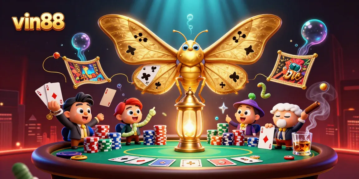vin88 engages players with vibrant, ultra-detailed 3D casino illustration filled with poker elements.