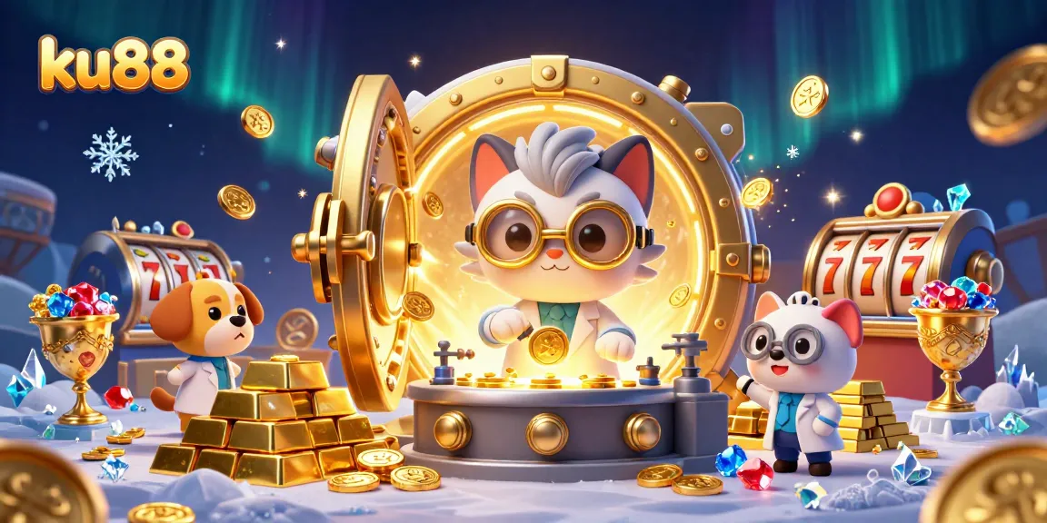 ku88 unleashes exciting casino adventures with mad scientist cat and assistant amidst golden riches.