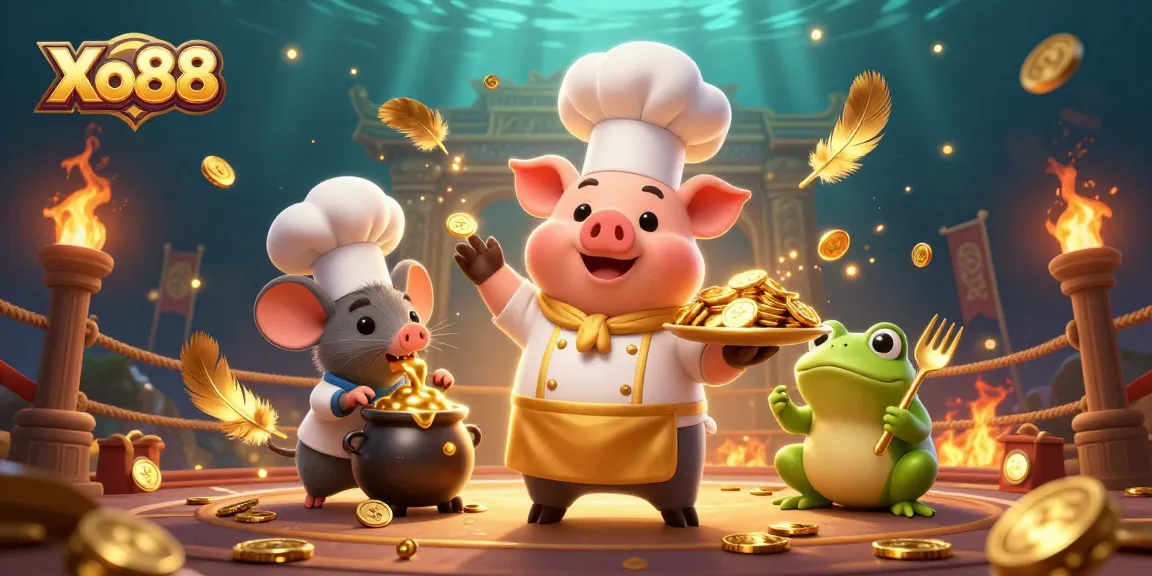 Xo88 online casino illustration featuring cartoon chef pig, sous-chef mouse, and critic frog amidst gold coins.