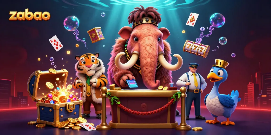zaobao casino scene with vibrant mammoth bouncer checking IDs and dynamic game elements around