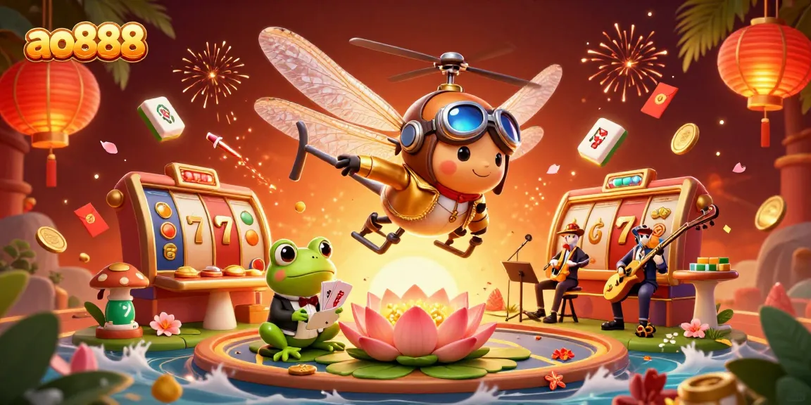 Experience the thrill of ao888: a dynamic illustration with a dragonfly pilot and frog dealer in a vibrant casino.