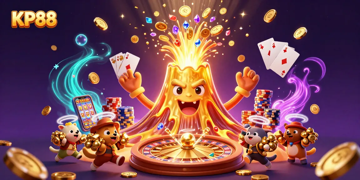 KP88 showcases a triumphant volcano erupting with treasure amidst vibrant casino elements.