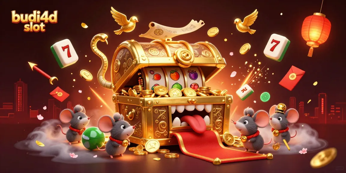 Engage with budi4d slot's thrilling gameplay featuring a treasure chest enticing adventurer mice amidst vibrant casino elements.