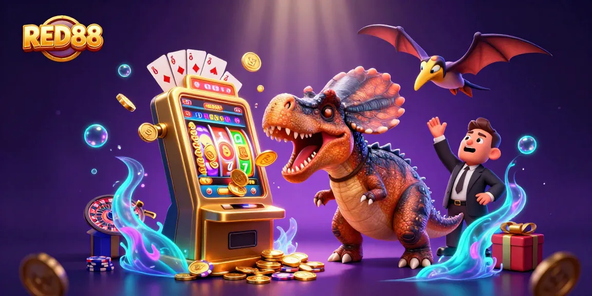 RED88 showcases a cartoon dinosaur winning jackpot coins from a slot machine in a vibrant casino scene.