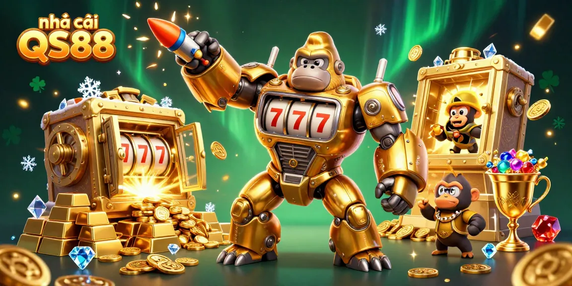 Engage with nhà cái QS88 as the golden gorilla mech launches coins, showcasing excitement and riches.