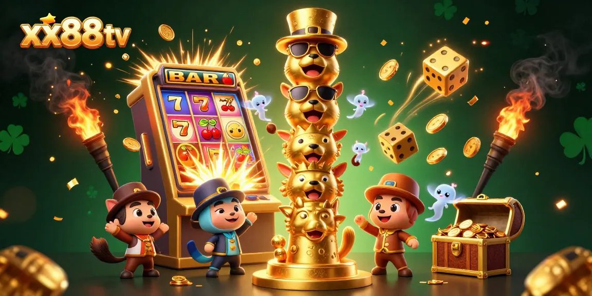 Experience the excitement of xx88 tv with a dynamic stacked totem pole and slot machine explosion.