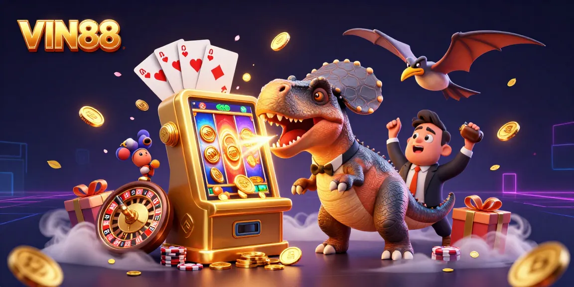 VIN88's thrilling jackpot scene with a dinosaur winning big at the slots amidst exciting casino elements.