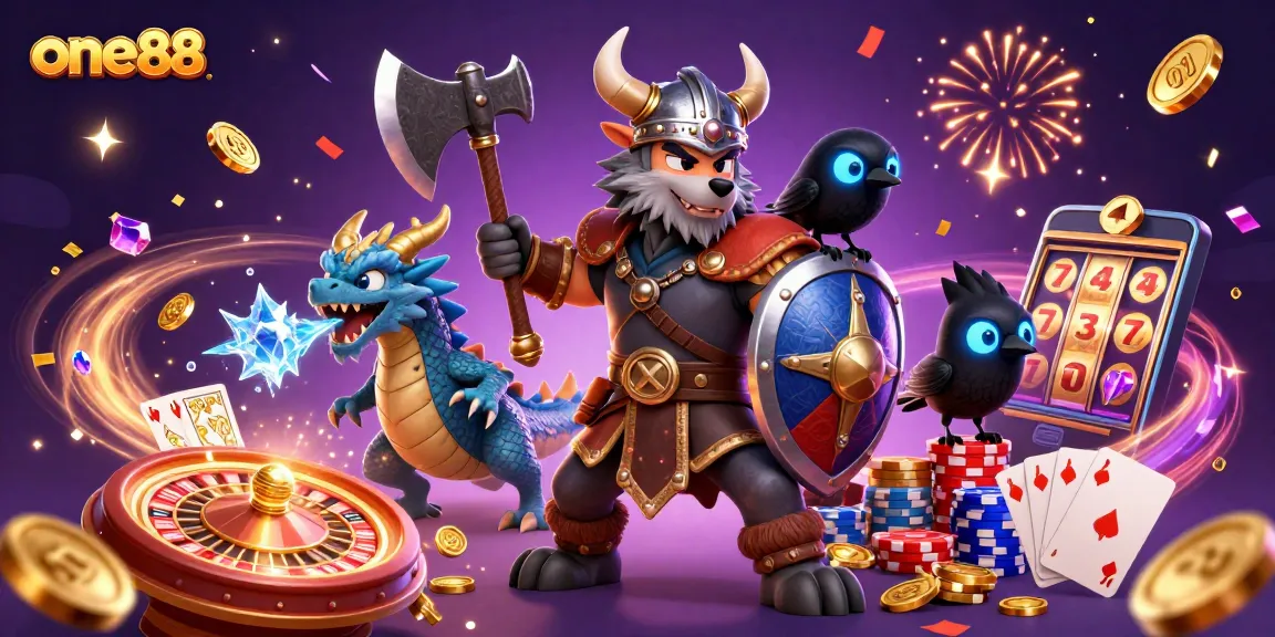 Win big at one88 with vibrant casino action featuring a Viking wolf, dragon, and slot games.