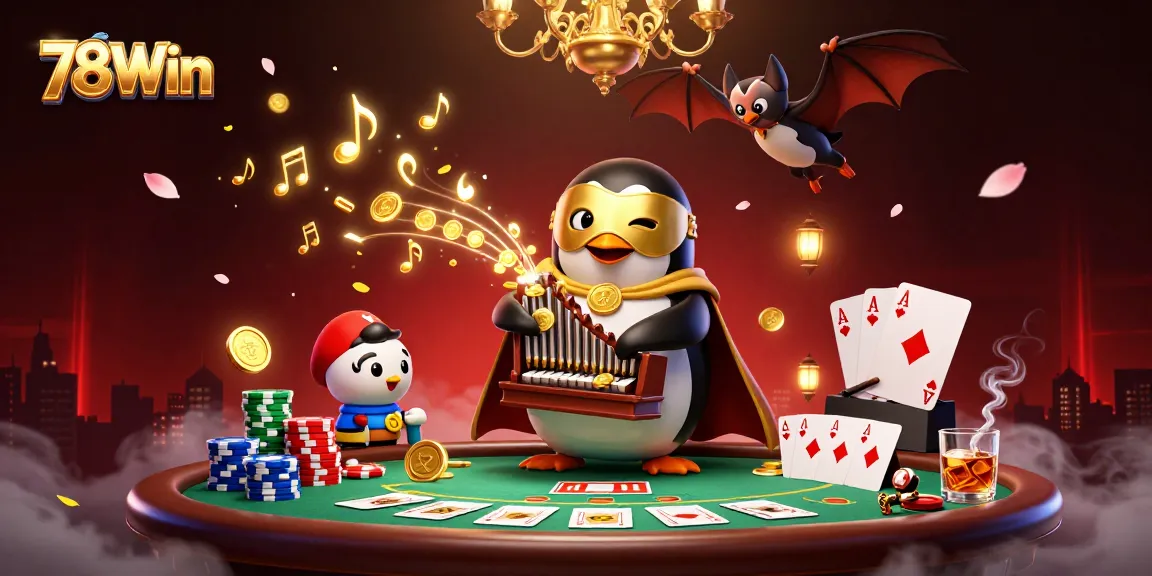Play exciting poker with 78Win's vibrant casino scene featuring a golden masked penguin.