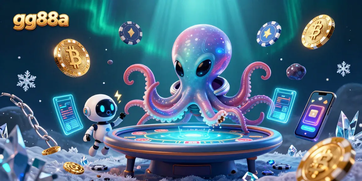 Engage with gg88a's vibrant 3D casino scene featuring a cartoon alien octopus at a holographic poker table, showcasing dynamic gameplay.
