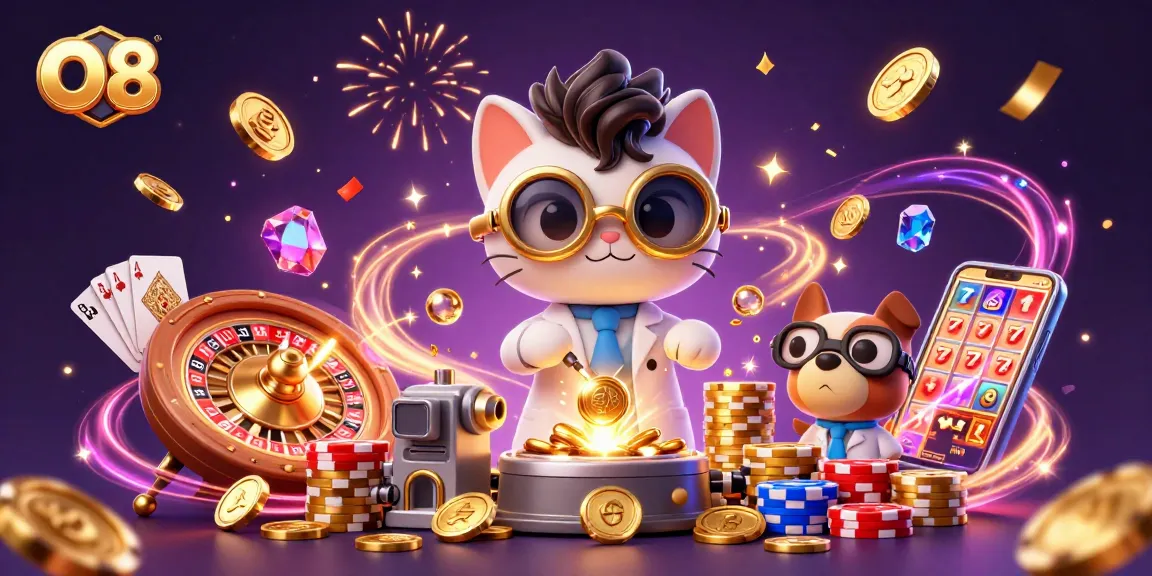 Experience the thrilling O8 casino atmosphere with a lively scene of golden coins and vibrant games.