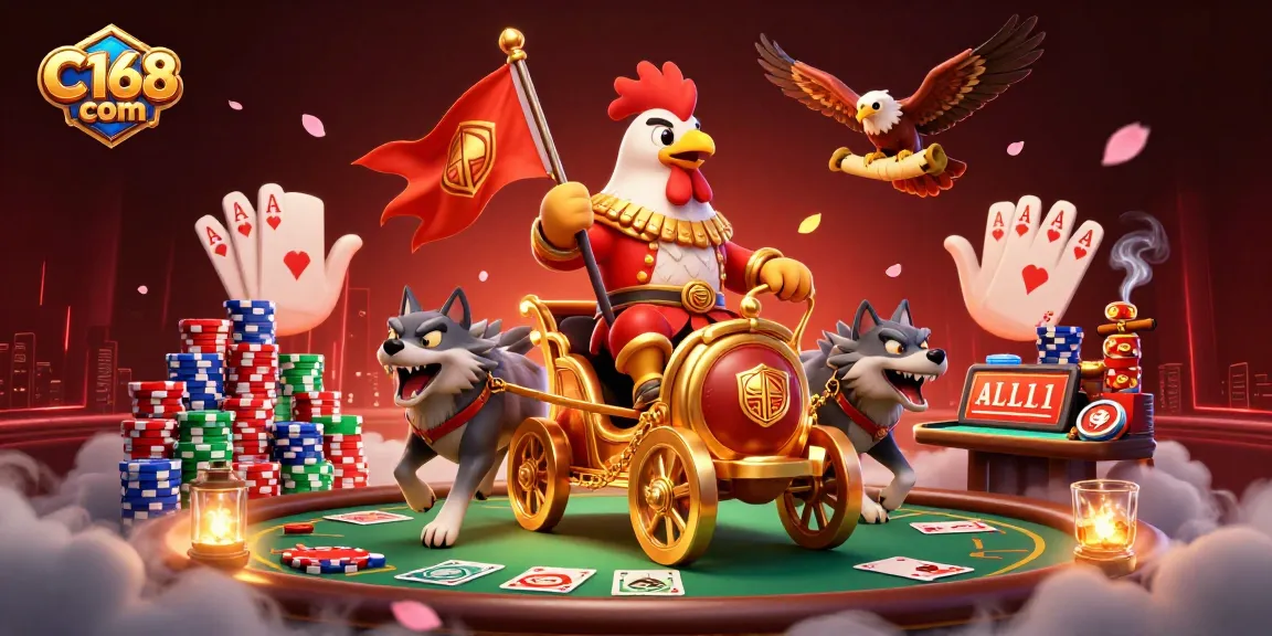 Engage in thrilling games at C168 com, witnessing a dramatic poker scene adorned with vibrant chips and dynamic characters.