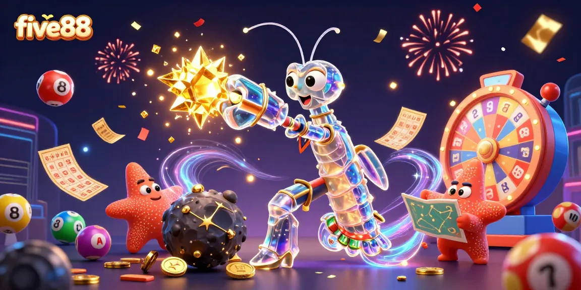 Experience five88's thrilling lottery excitement with vibrant animated characters and magical winnings.