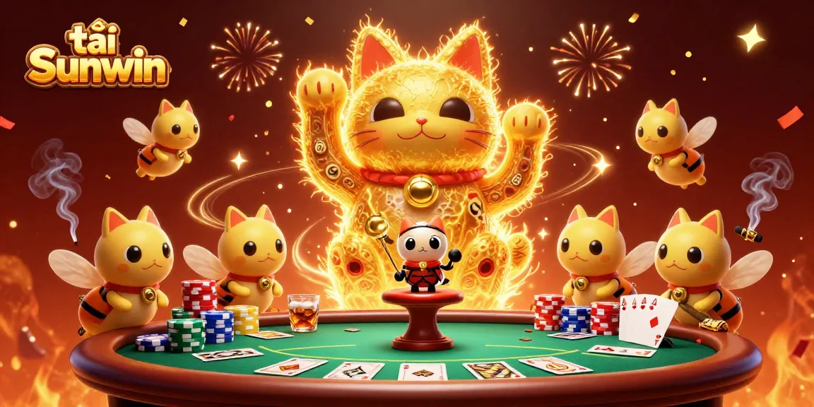 Experience the thrill of tải Sunwin with a vibrant casino-themed 3D illustration of a lucky cat.