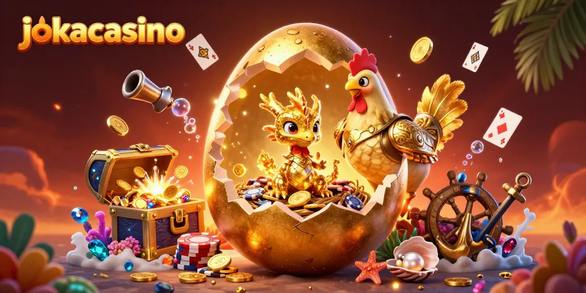 jokacasino showcases a vibrant scene with a golden dragon, poker chips, and lively underwater treasures.