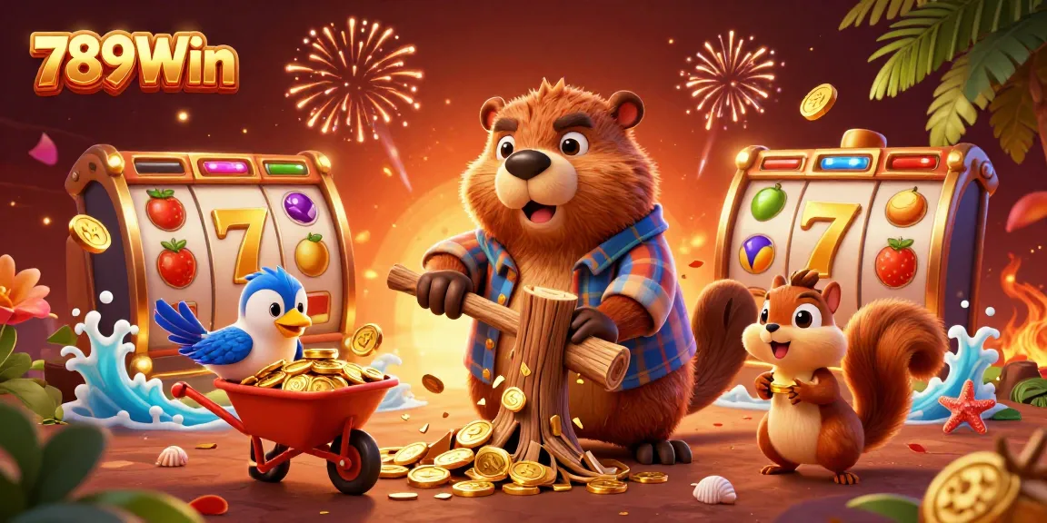 Experience thrilling gameplay with 789Win as a cartoon beaver collects golden coins rain around lively casino elements.