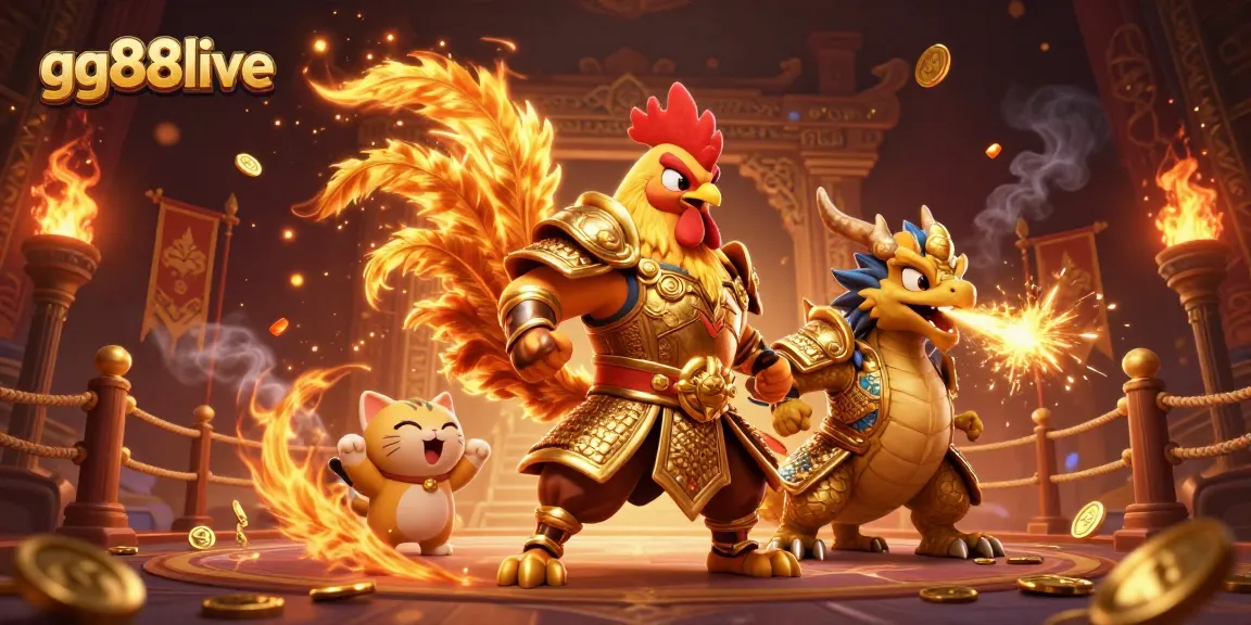 Showcase the excitement of gg88live with a dynamic 3D scene featuring a warrior rooster, dragon, and animated elements from the gambling world.