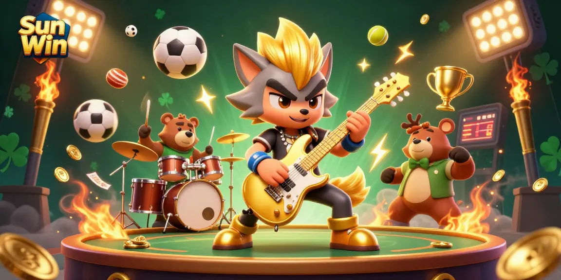 Engage in thrilling gaming action with Sun Win as the rock star wolf and bear drummer energize the casino stage.