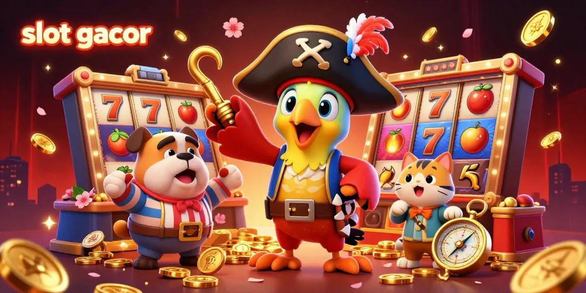 Experience the excitement of slot gacor with a playful 3D casino scene featuring pirate characters and jackpot elements.