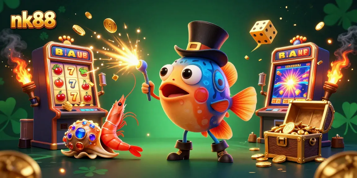 The nk88 casino scene features a glowing anglerfish attracting golden coins, surrounded by vibrant slot machines and treasures.