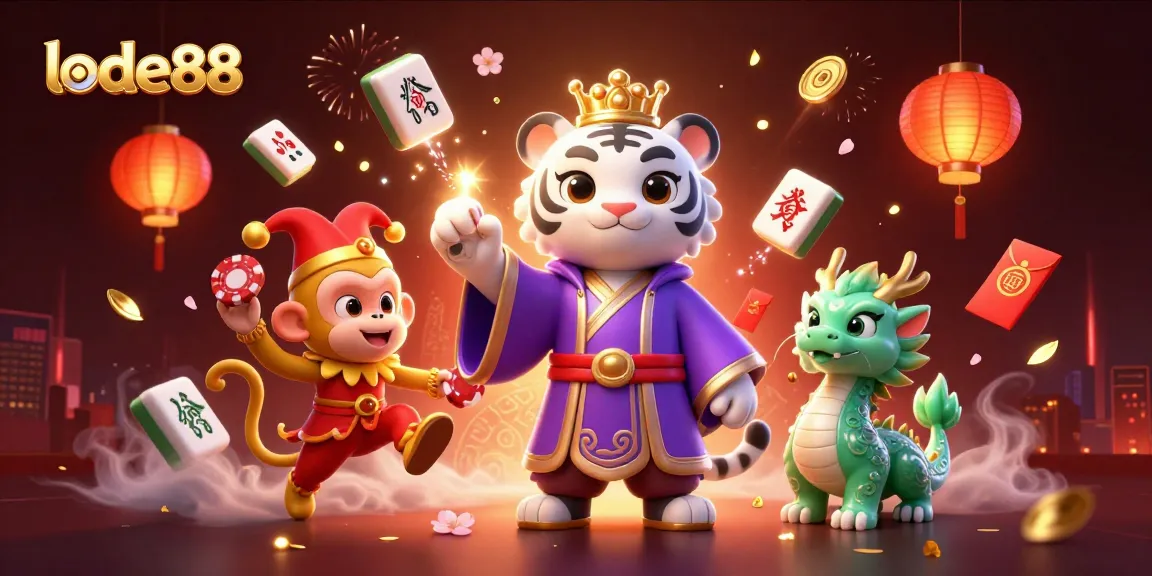 Engaging lode88 illustration of a white tiger, monkey, and jade dragon in a vibrant casino scene.
