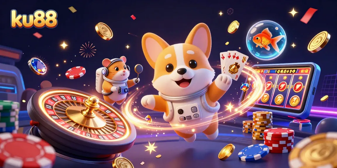 ku88 astronaut corgi explores a vibrant space casino with glowing poker chips and coins