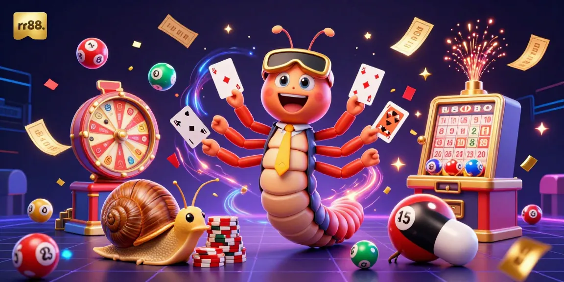 Engage with rr88. in a lively casino scene featuring a millipede dealer, playful characters, and vibrant gaming elements.