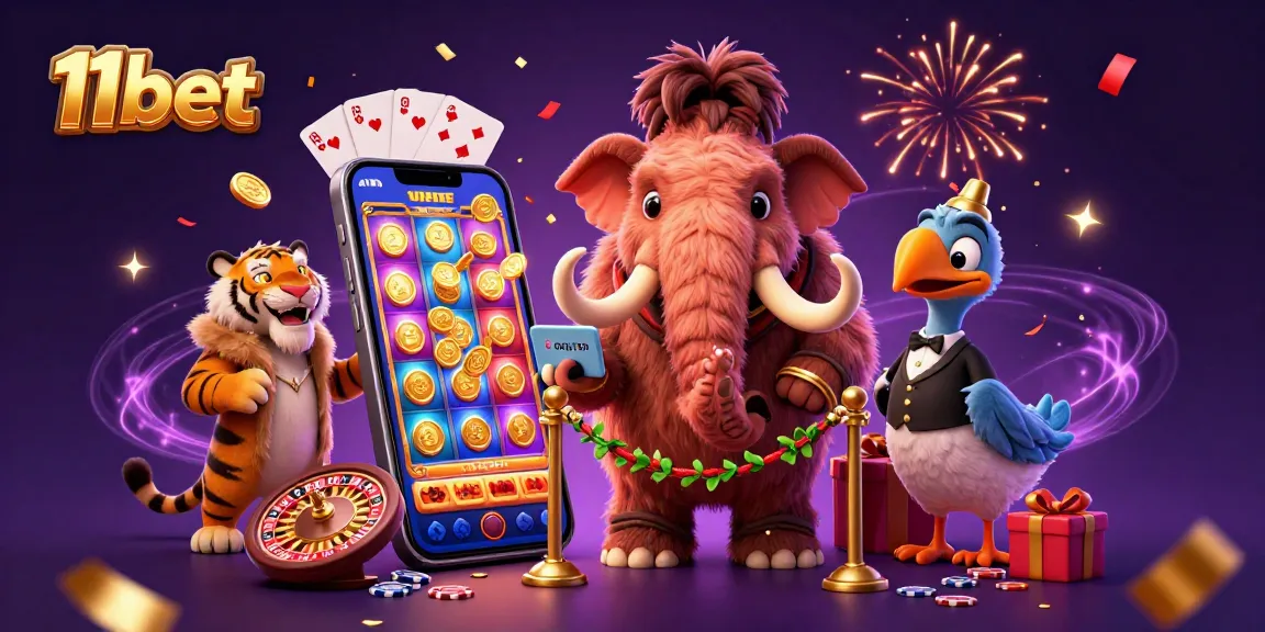 Experience the vibrant world of 11bet where a woolly mammoth bouncer greets VIPs in a dazzling casino scene.