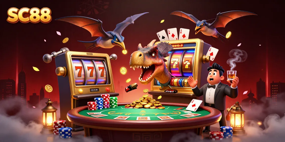 SC88 jackpot excitement with pachycephalosaurus winning coins from a slot machine at a vibrant casino scene.